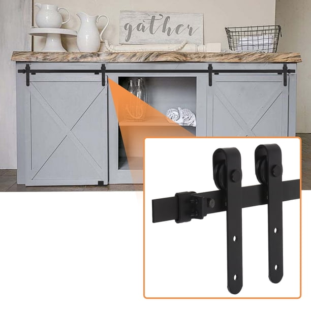 Kit de hardware para puerta corrediza de granero mini de 6 pies para 2 puertas de closet, riel plano con rodillo en forma de J, para armarios, vestidores y soportes de TV