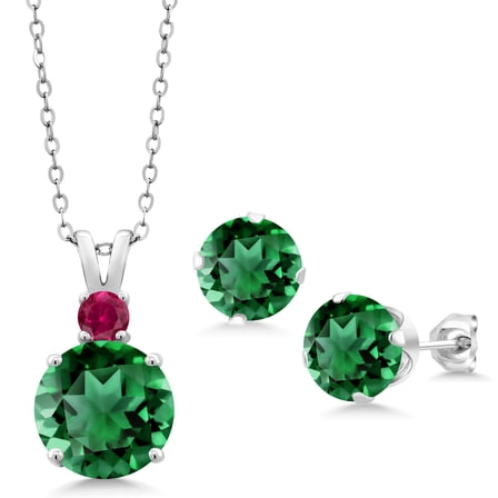 Gem Stone King 925 Sterling Silver Green Nano Emerald and Red Created Ruby Pendant and Earrings Jewelry Set for Women (10.63 Cttw, Round 10MM, Gemstone May Birthstone, with 18 inch Silver Chain)
