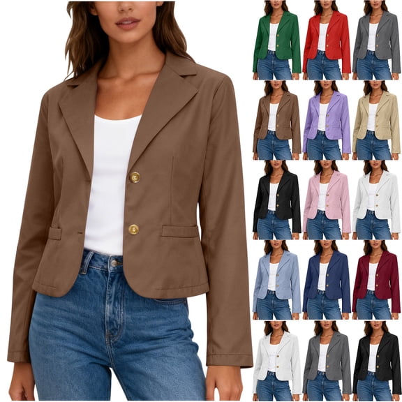 Dazajoo Womens Cropped Blazer Single Breasted Button Front Suit Jacket Casual Long Sleeve Blazers with Pockets,Beige,L