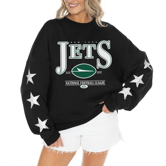 Women's Gameday Couture Black New York Jets Rhinestone Star Sleeve Settle the Score Oversized Tri-Blend Pullover