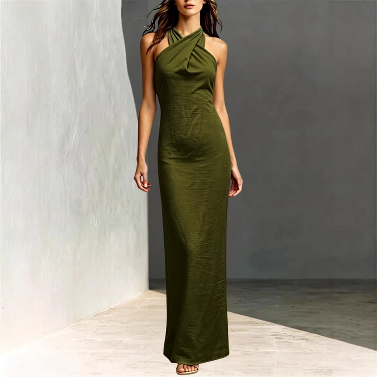 green halter wedding guest dress Y-Sunset Women's Neck Maxi Dress, Sleeveless Twisted Front Bodycon Long Dress, Formal for Women(BU1/S) axll_description