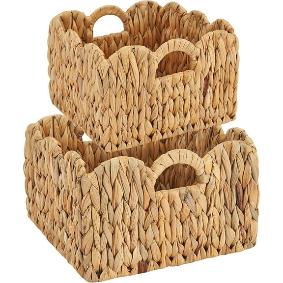 Wicker Basket 2Pack, Scalloped Storage Basket with Handles, Handwoven Natural Water Hyacinth Wicker Baskets for Storage, 11 x 11 x 7 & 9.45 x 9.45 x 6.5 (L M)
