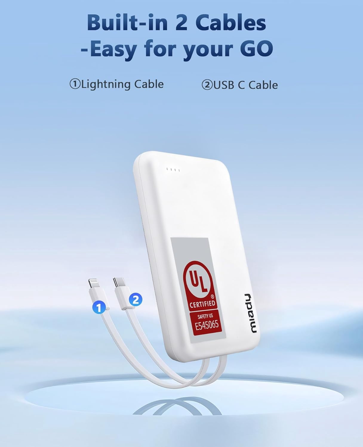 RGHJAR-2-Pack Small Portable Charger UL Listed, 5000mAh Slim Power Bank Built-in 2 Cables Lightweight Travel Battery Pack 3 Outputs 2 Inputs Compatible with iPhone 17/16/15/14/13 Galaxy S24/S22 etc