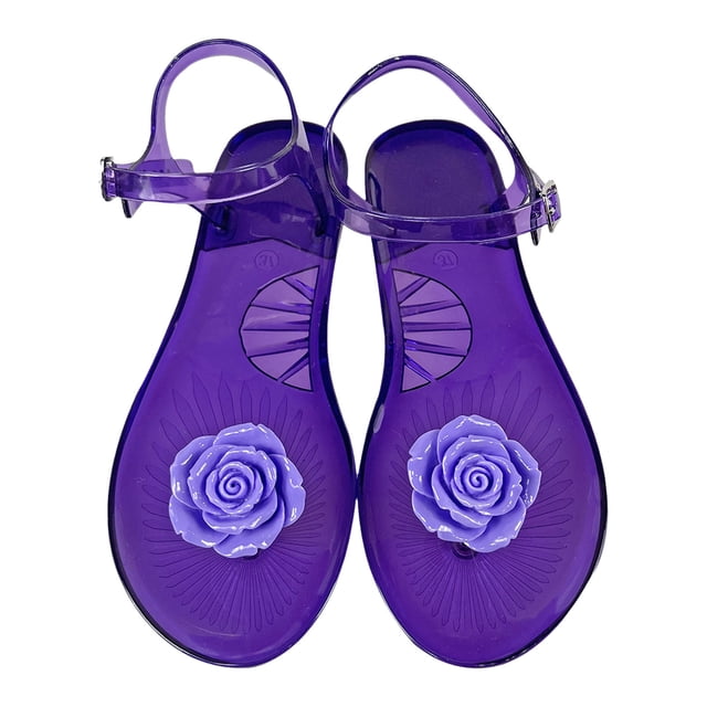 GUANGHONG Ladies Summer Flower Crystal Jelly Clip Toe Beach Large Size Flat Transparent Sandals