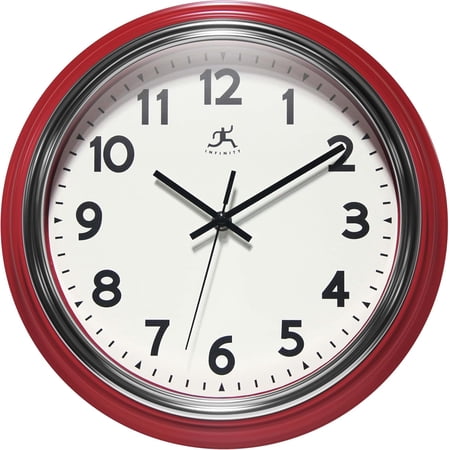 Retro 12 Inch Round, 1950's Vintage Style Wall Clock, Easy to Read, Silent Ticking, Quartz Movement, Battery Operated, Indoor Use - Wall Clocks for Kitchen, School, Living - Red