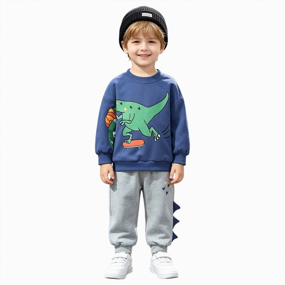 enyan Toddler Baby Boy Clothes Fall Winter Outfits Long Sleeve Dinosaur Sweatshirts Tops Pants 2 Piece Set 1-8T(Blue,3-4 Years）