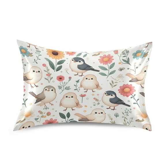Satin Pillow Case Standard Silk Pillow Cover for Hair and Skin Envelope Closure Cute Birds and Sunflowers 20"x26"