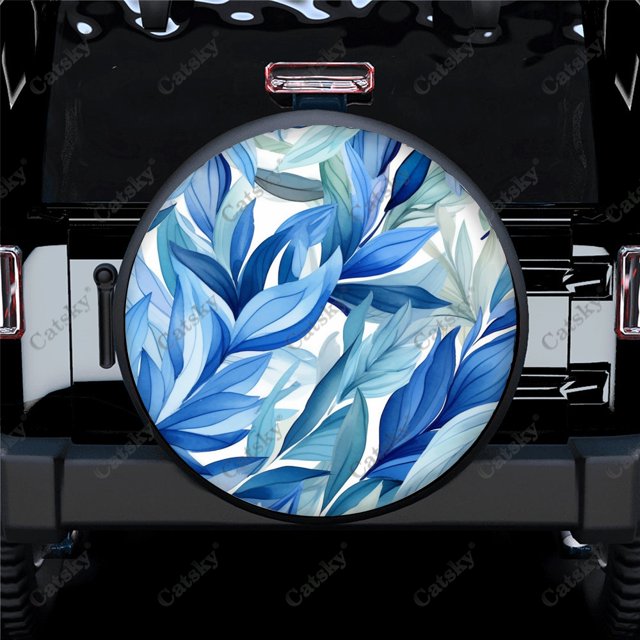 Abstract Modern Blue Leaves Pattern Polyester Universal Spare Wheel Tire Cover Wheel Covers for Trailer RV SUV Truck Camper