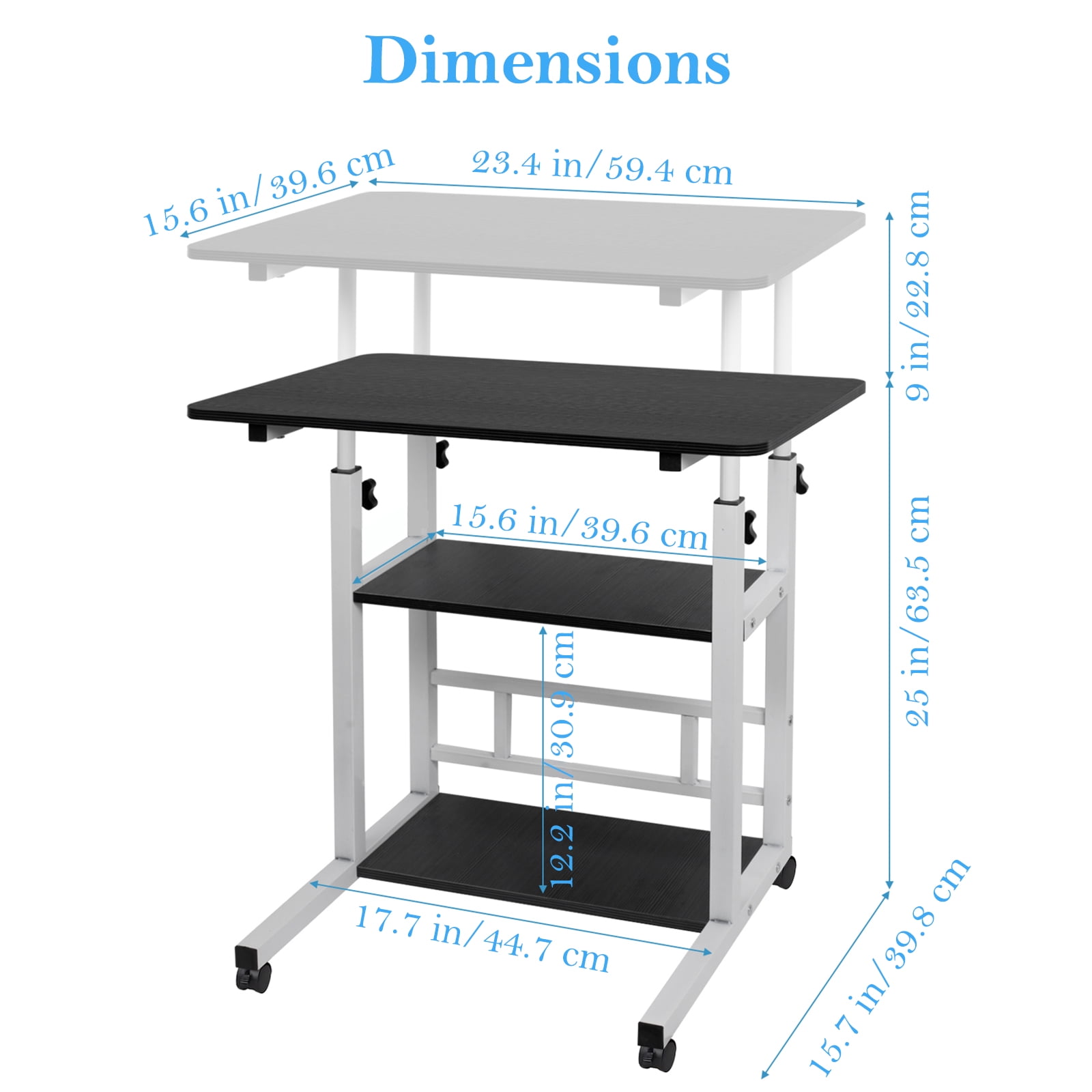 32 Inch Rolling Desk Black Adjustable Height Small Standing Desk on Wheels with Storage Shelves Portable Computer Desk for Home Office Study Small Spaces
