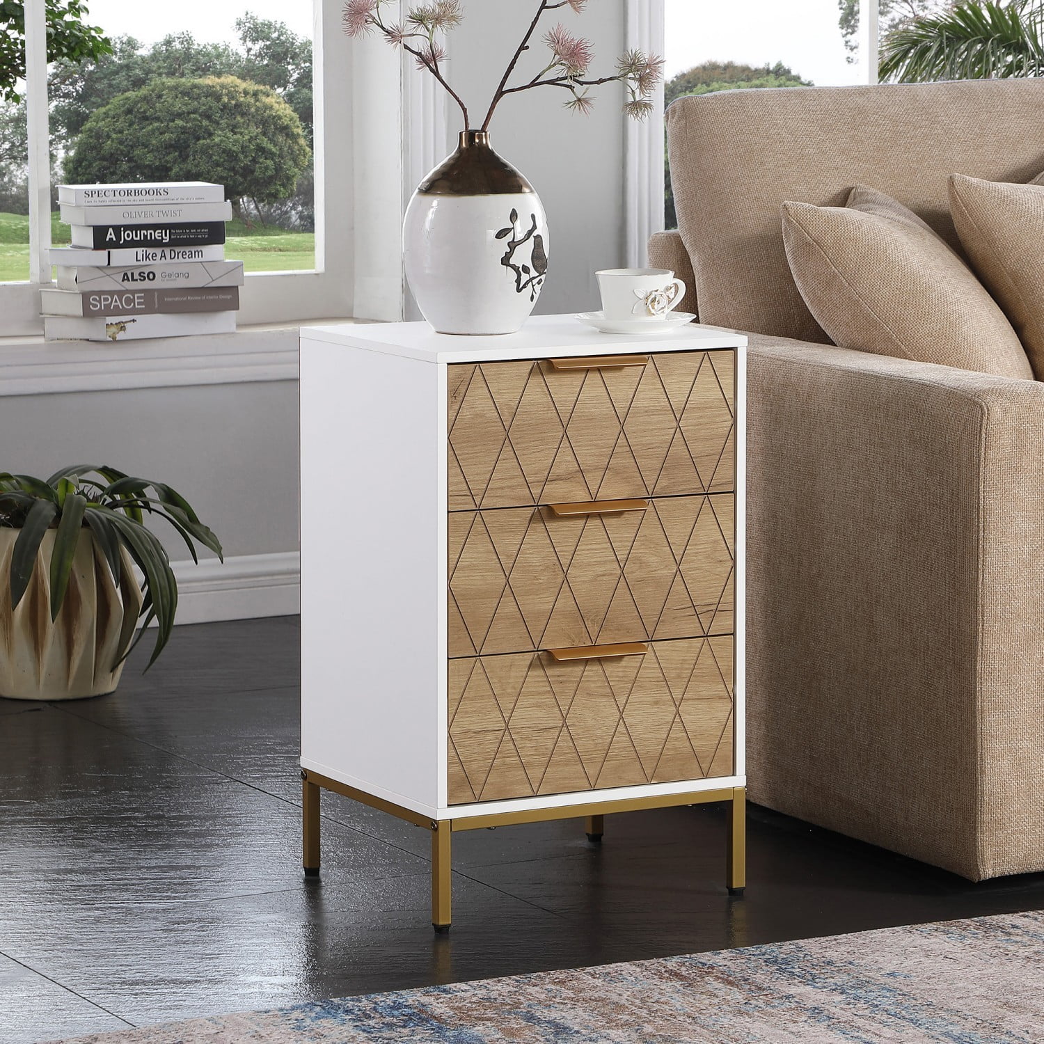 Nightstand with 3 Drawers, Mid Century Modern End Table with Gold Metal Legs & Handles, Wavy Drawer Panel Bedside Table Storage Cabinet for Bedroom Living Room, Natural+White