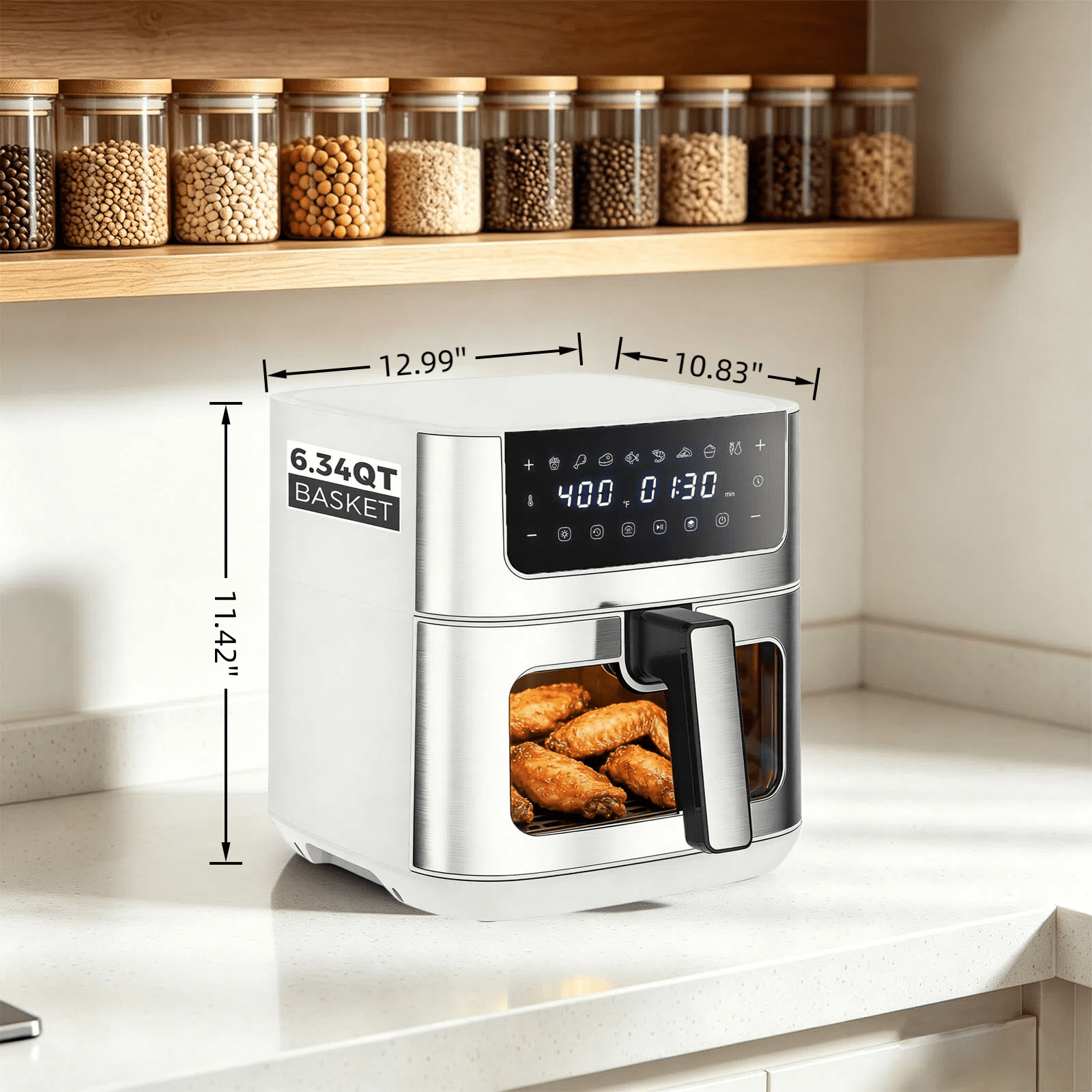 Casabay 6.34 QT Air Fryer with Viewing Window, 1500W 8-in-1 Electric Hot Air Fryer Oven, Digital Display, Compact Multi-Functional Cooker for Home Kitchen, White