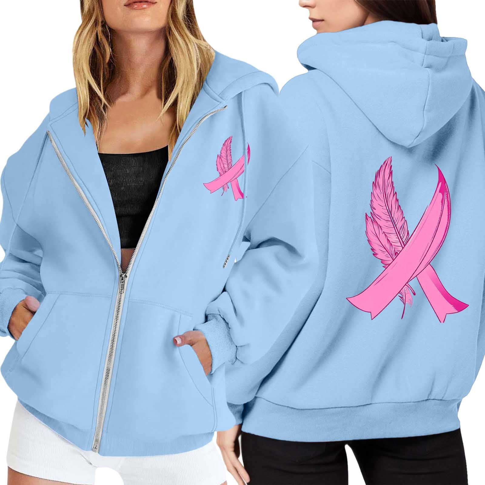 Womens Zip Up Hoodies Lightweight Hoodie for Travel Women s Zip Up Hoodie Pullover Cancer Awareness Month Long Sleeve Pocket Drawstring Casual Sweatshirt For Everyday Wear
