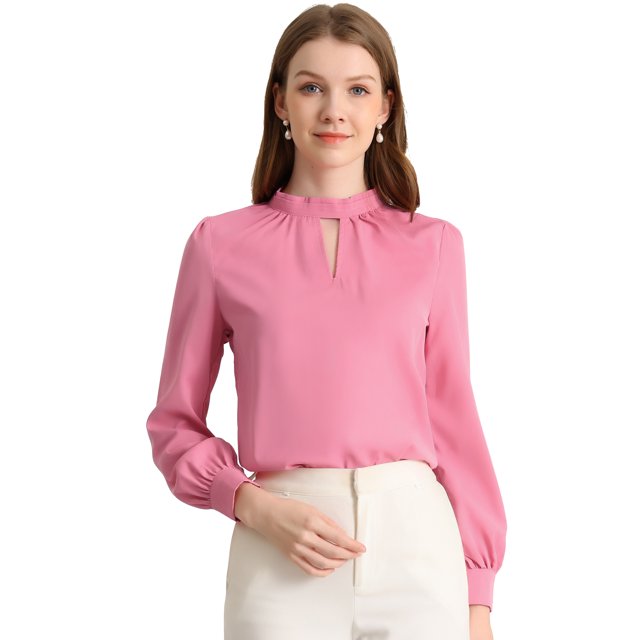 INSPIRE CHIC Women's Keyhole Stand Collar Pleated Back Button Blouse Tops
