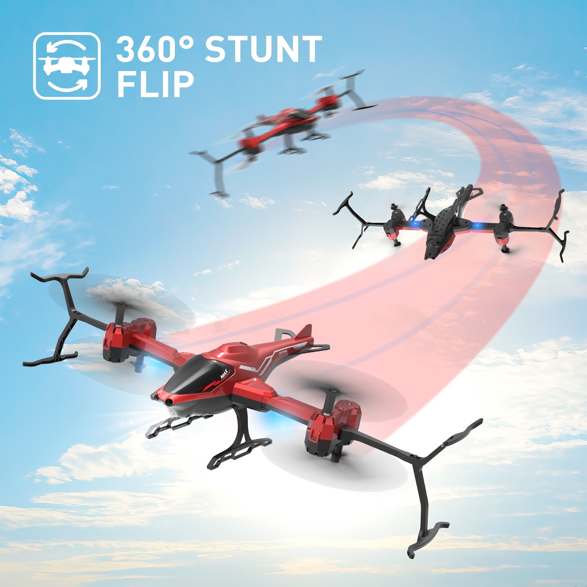 Helicopter Drone for Kids Adults, Wefone Toys with 3D Stunt Flips, Headless Mode, 3 Batteries, Red