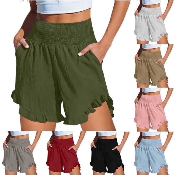 Women's Solid Color Casual High-Waist Elastic Waist Pocket Shorts with Ruffled Wrap Detail, Soft Polyester Shorts for Women, Summer Beach Vacation Outdoor Yoga Workout | UKHCCC,Army Green L