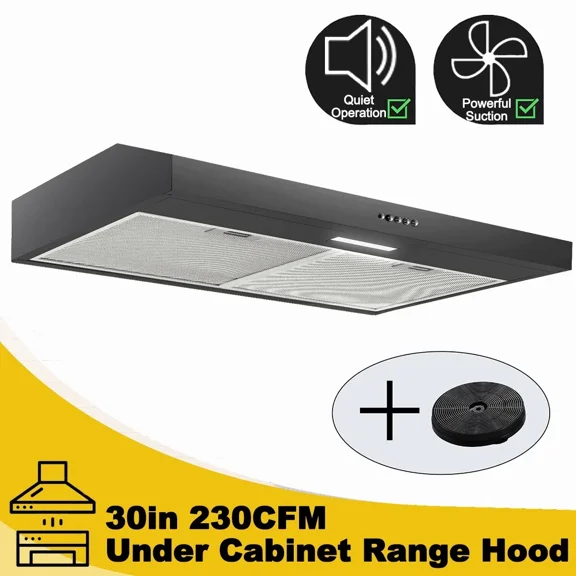 Range Hood 30 inch Under Cabinet Cooker Hood Range Hood 30 inch Under Cabinet with Charcoal Filter,Ductless Range Hood w/ 3 Speed Exhaust Fan,Stainless Steel Black Range Hood w/LED Light,Push Button,