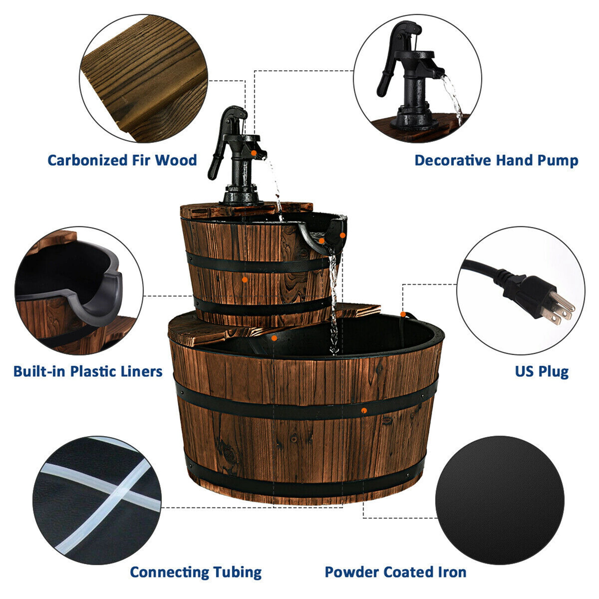 Costway 2 Tier Barrel Waterfall Fountain Barrel Wooden Water Fountain Pump Outdoor Garden