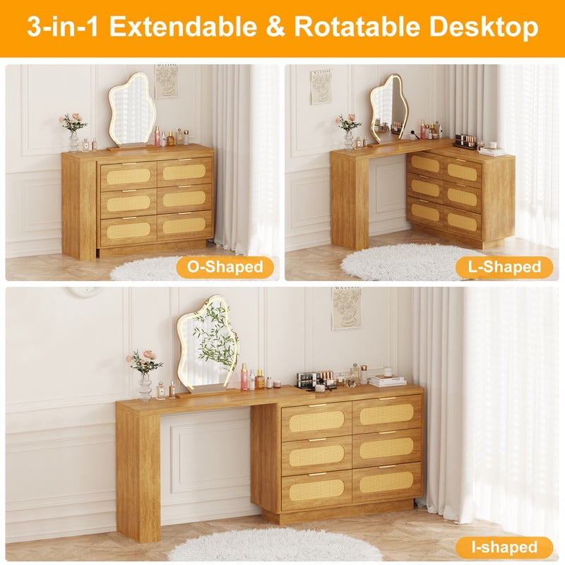 Makeup Vanity Desk with LED Lighted Mirror,Rattan Expandable L-Shaped Corner Table with 6 Drawers,2 Side Shelves,3 Color Modes & Adjustable Brightness Dressing Table for Bedroom Makeup,Home Office