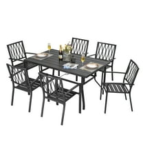 Nuu Garden 7 Piece Outdoor Dining Set, 61'' Rectangular Metal Dining Table with Umbrella Hole, Stackable Dining Chairs for Backyard, Deck, Yard, Garden, Black