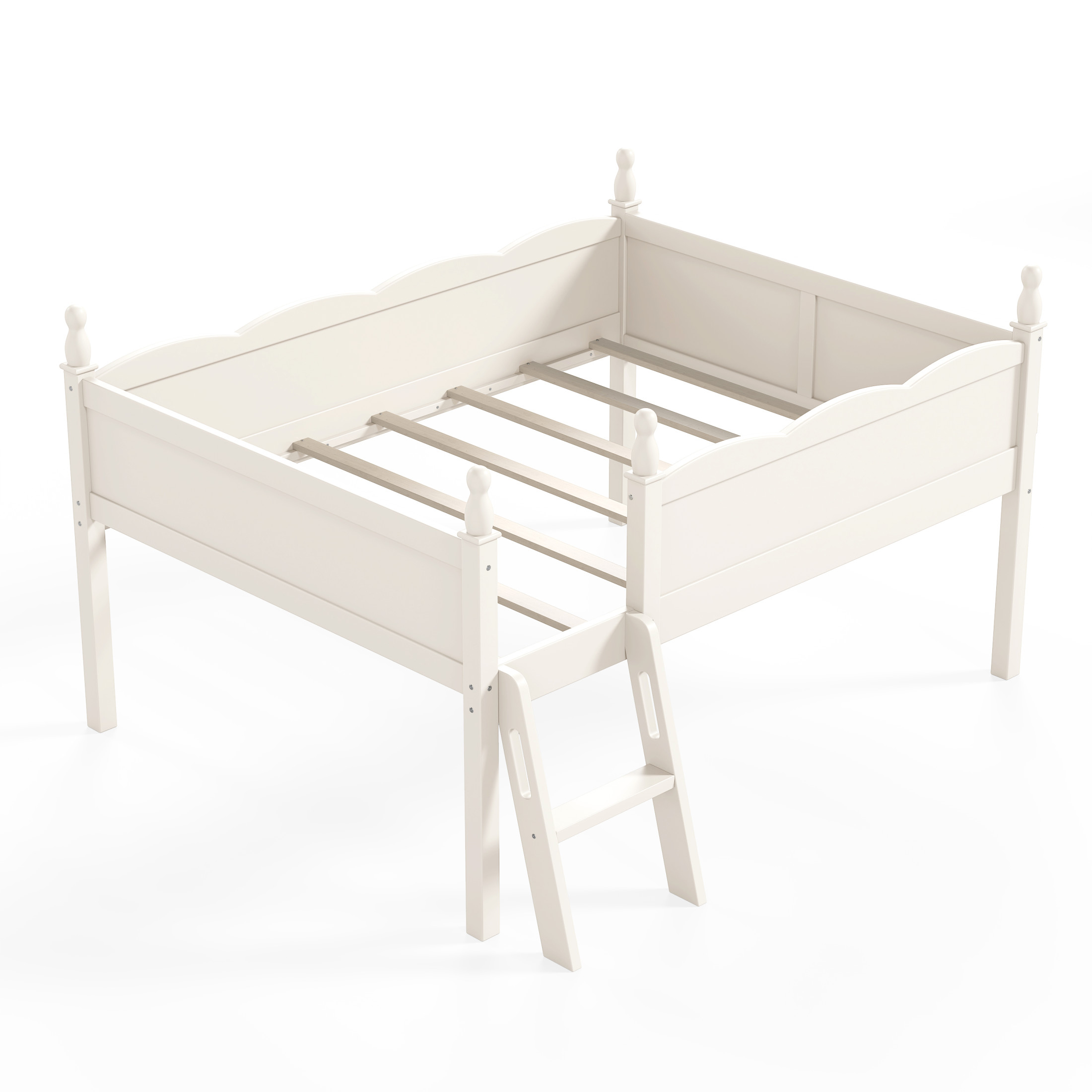GDF Studio Full Size Low Loft Bed with Guardrails, Ladder & Side Bookshelf, Chic Design, Beige