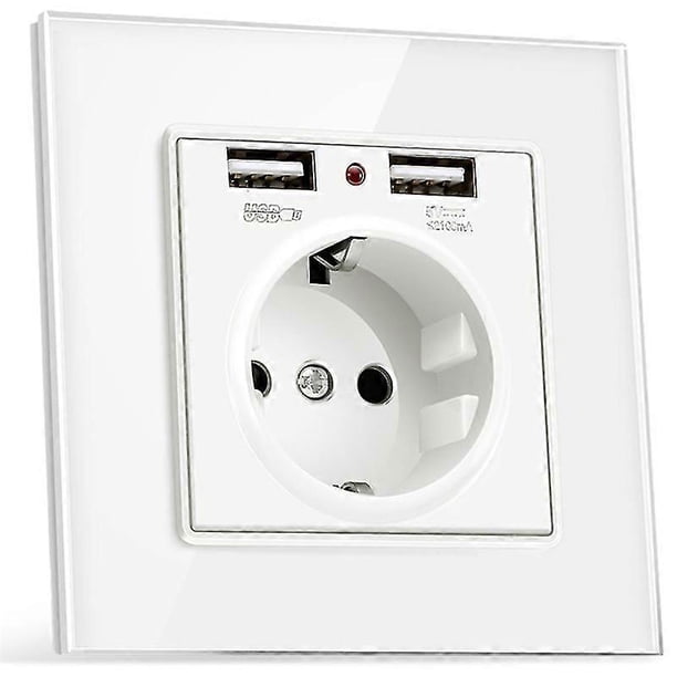 Eu Plug Power Socket Wall Electrical Outlets 230V 16A + 2 USB Chargers 5V 2.1A Glass Panel White German Socket