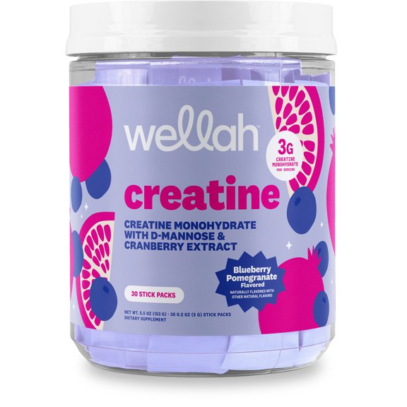 Wellah Creatine For Women (Blueberry Pomegranate) 30 Stick Packs - 3g of Creatine Monohydrate with Dandelion, & Cranberry Extract, To-Go Packets