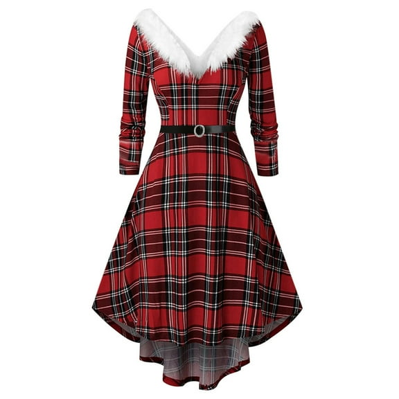 Ecqkame Plaid Dress for Women Vintage Christmas Cocktail Dresses Women Plus Size Dress Plaid Long Sleeve Christmas Furry V-Neck Draw Back Dress Red XXL