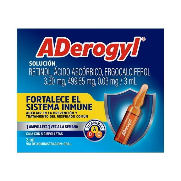 Multivitamínico Aderogyl 5 ampolletas de 3 ml. Con Vitaminas A, C y D, Fortalece el Sistema Inmune y Refuerza tus Defensas