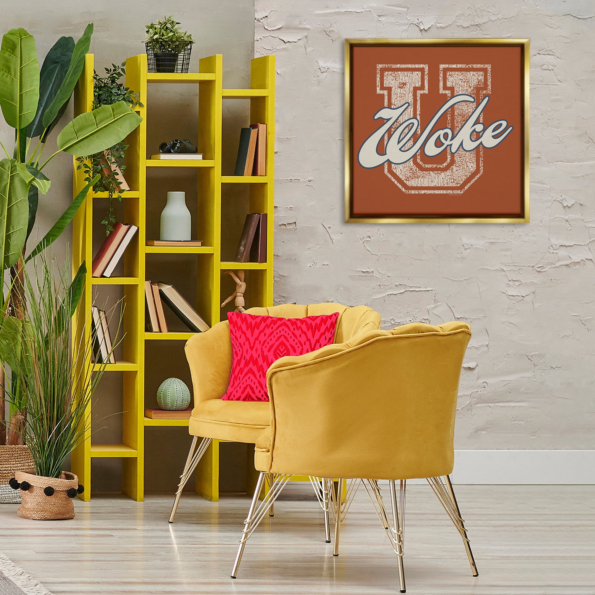 Stupell Industries Woke U Varsity Style Text & Numbers Painting Gold Floater Framed Canvas Art Print Wall Art, 25 x 25