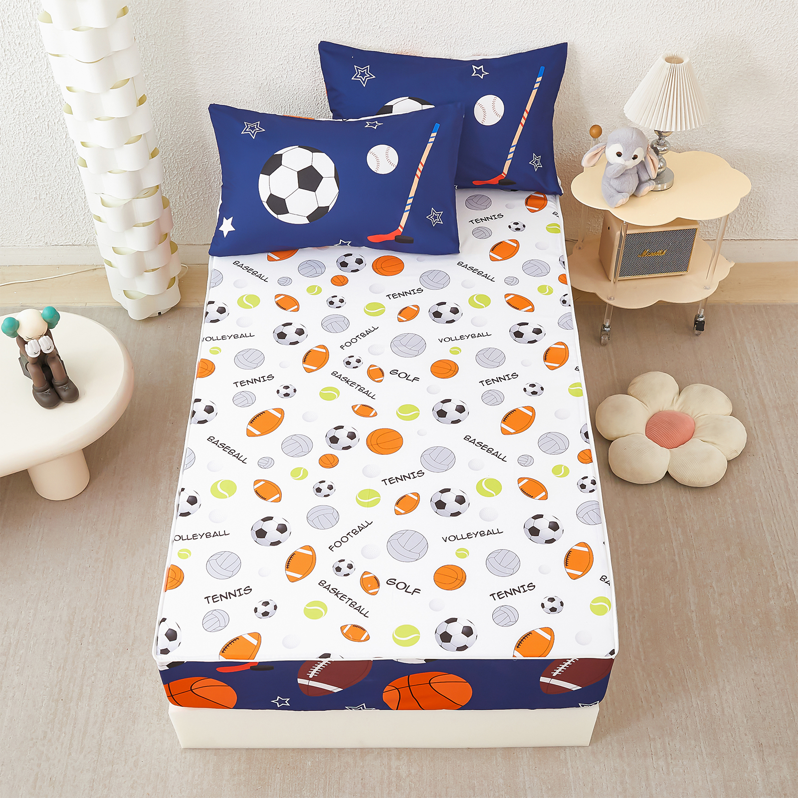 ZRNBAST 3Pcs Kids Comforter Set Sports Ball Games Zipper Bedding Set for Boys Basketball Football Baseball Comforter with Fitted Sheet and Pillowcases All in one Zipper Bedding(Navy ,Twin)