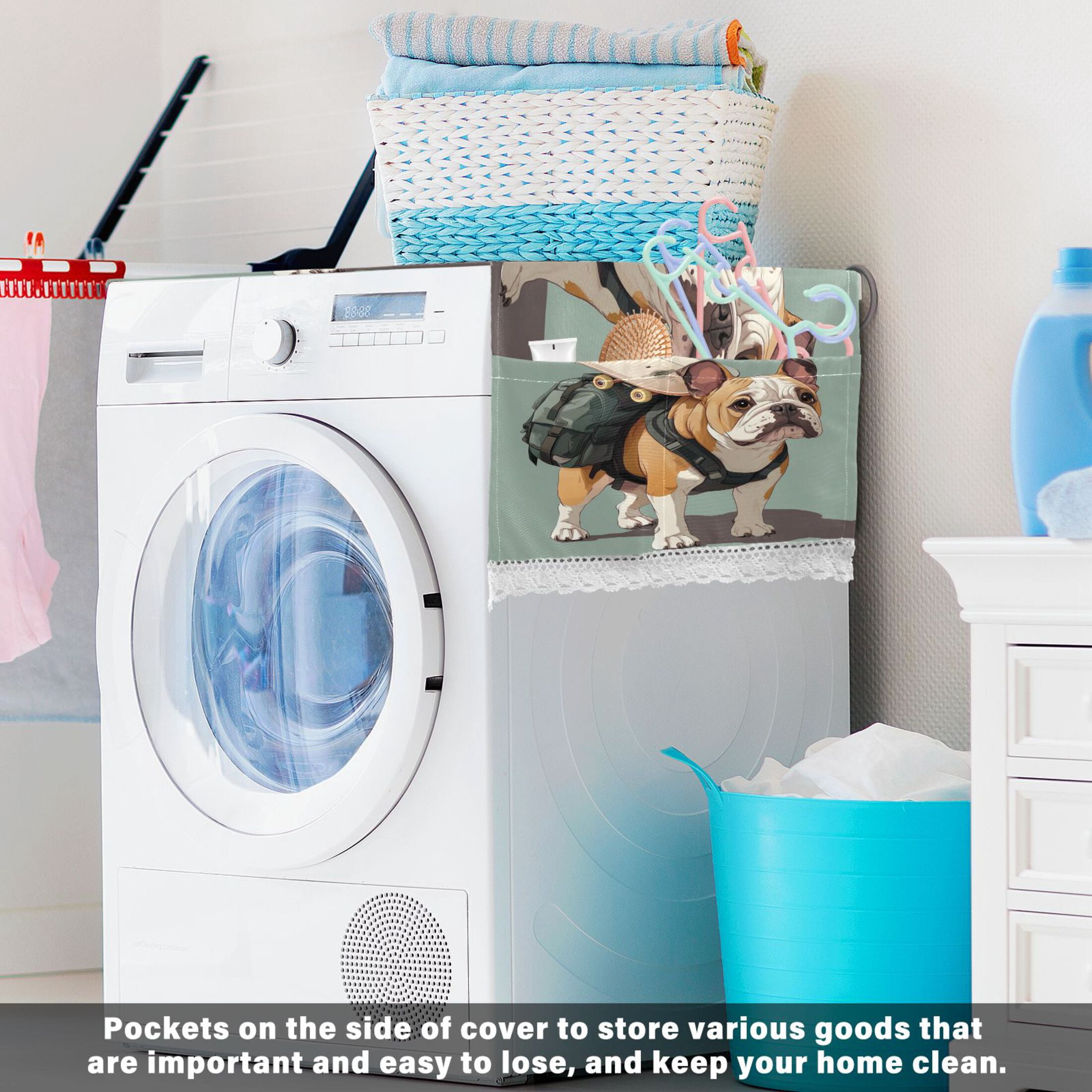 Bulldog Carrying SkateboardsWasher and Dryer Covers Dust-Proof and Oil Resistant Fridge Cover with 4 Storage Pockets Washing Machine Top Cover for Laundry Kitchen Home 51.2 x 22 In