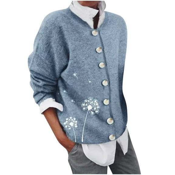 Lolmot Oversized Sweaters for Women Fashion Casual Thickened Dandelion Printed Casual Loose Button Down Round Neck Long Sleeve Open Front Knit Cardigan Sweaters