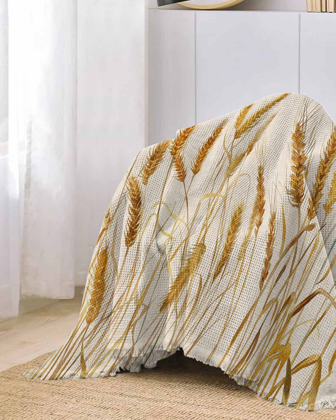 Gold Wheat Sofa Couch Covers for Dog,Washable Sofa Throw Cover Single Slipcoverfor Armchair with Tassels,Farmhouse Vintage Summer Autumn Crops Couch Protector Towel Blanket Medium 71''x91''