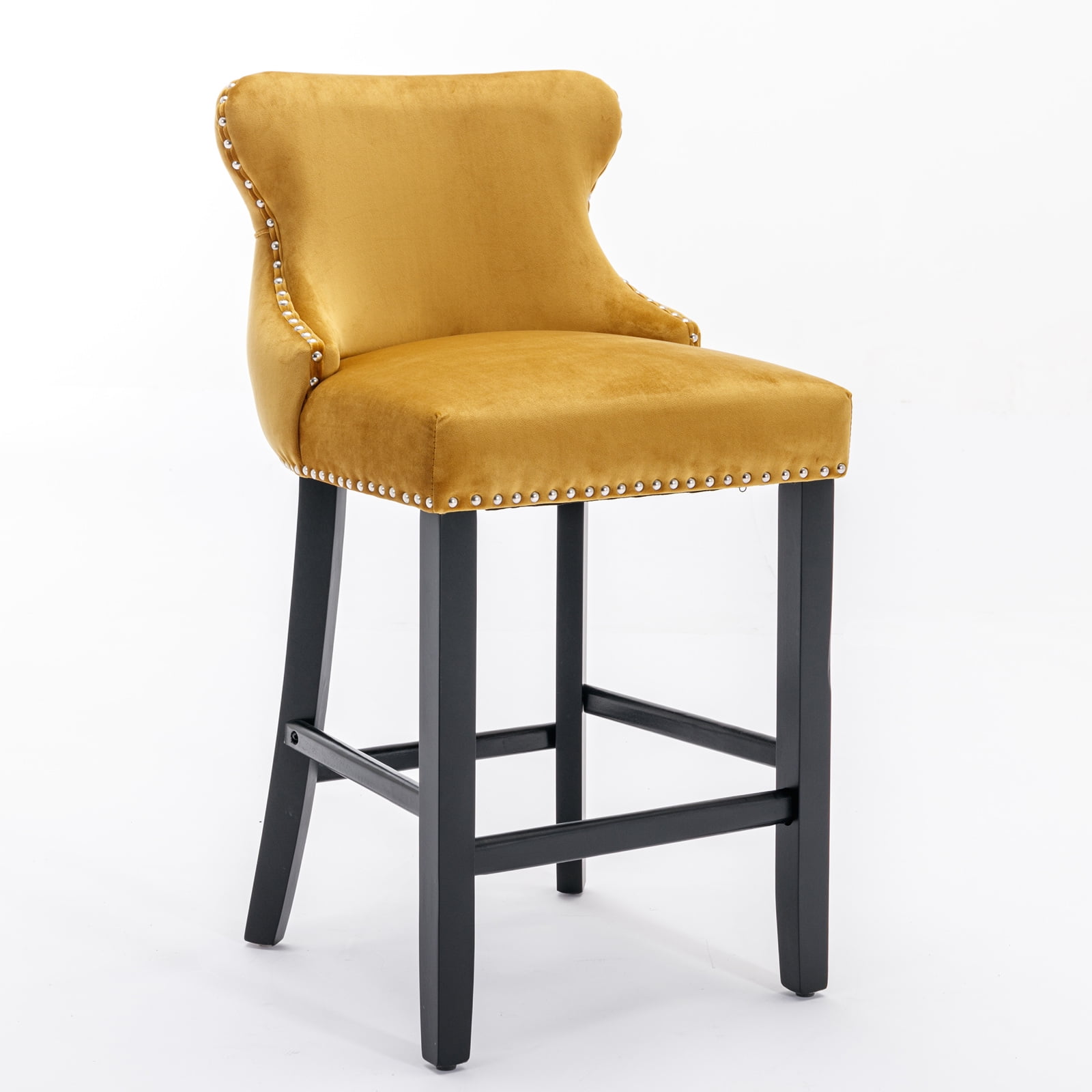 27" Padded Bar Stools, Tufted Velvet Upholstered Wing-Back Barstools with Nailhead Trim, Footrest and Solid Wood Legs, Comfy Button Tufted Counter Height Chairs Kitchen Chairs (Gold,Set of 8)