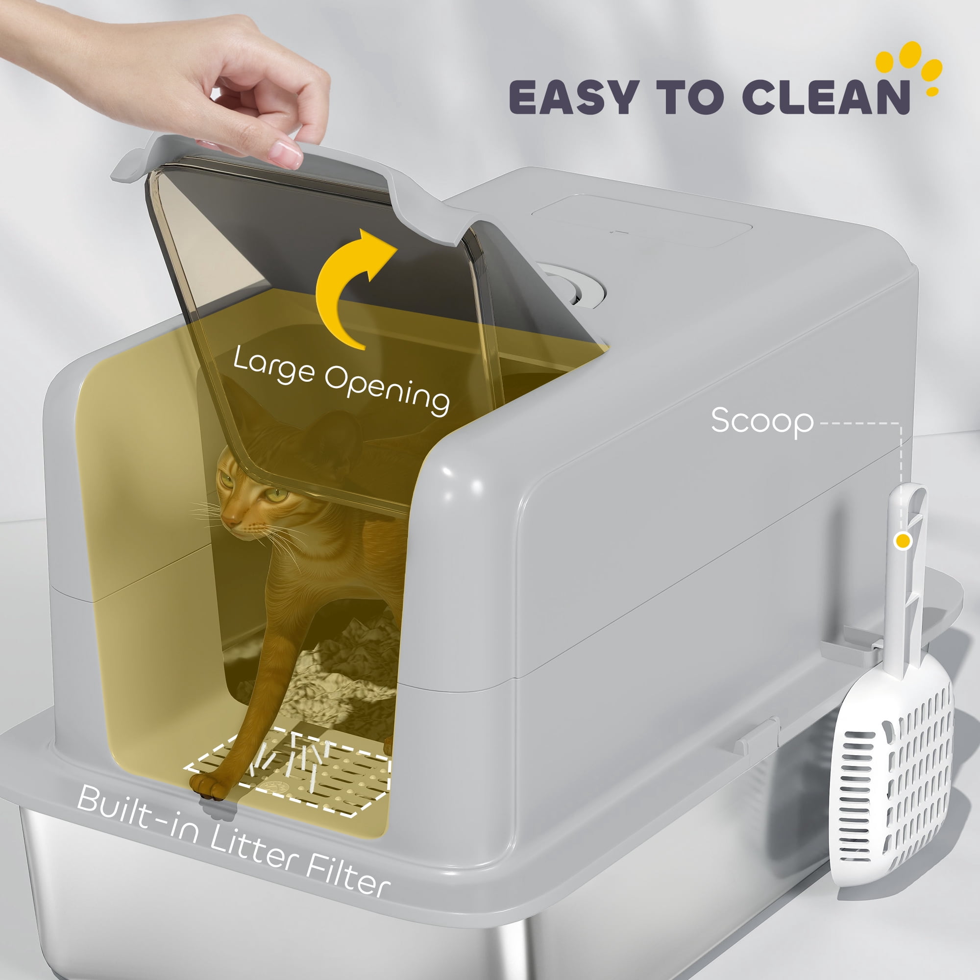 PawHut Stainless Steel Cat Litter Box, Extra Large 2 in 1 Kitty Litter Box with Removable Lid, Scoop, Filter Bags, for Small to Large Cats, Gray