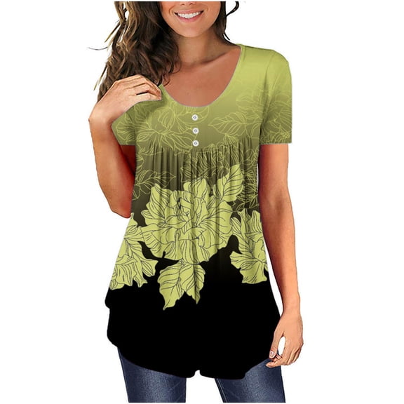 JSKUAMR Women's Short Sleeve Tunics Tops Round Neck Buttons Floral Print Casual Shirts Pullover Spring Summer Flowy Tshirts Yellow8,XL
