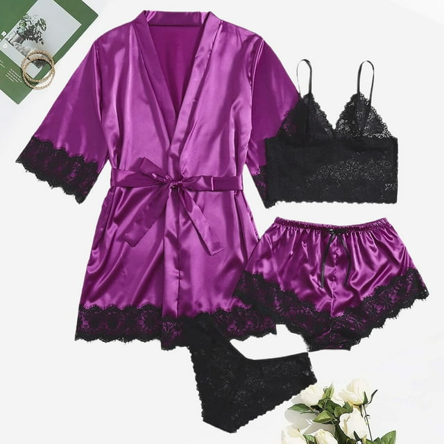 Women Nightgowns & Sleepshirts Women's 4 Piece Lace Satin Strap Sleep Set With Robe Seductive And Comfortable