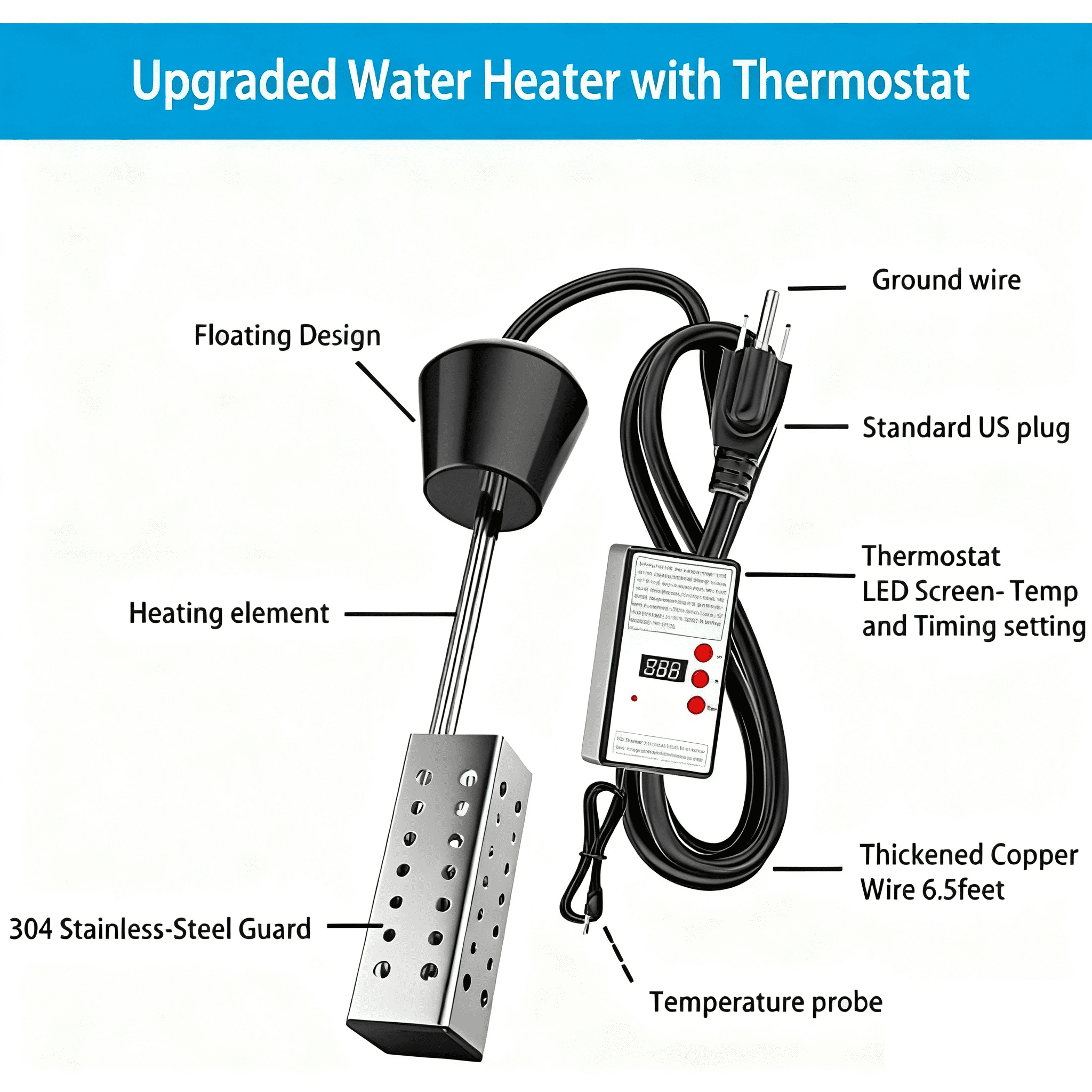 Immersion Water Heater with Thermostat - 1500W Floating Bucket Heater with Timing Temperature Control Setting Auto Shut-Off 304 Stainless-Steel Guard Water Heater for Bathtub, Garden