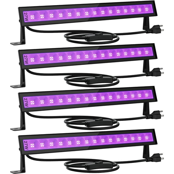 4 Pack 27W LED Black Lights, Blacklight Bars with Plug and Switch, IP66 Waterproof Black Lights for Glow Party, Halloween Decorations, Bedroom, Classroom, Body Paint, Stage Lighting, Black