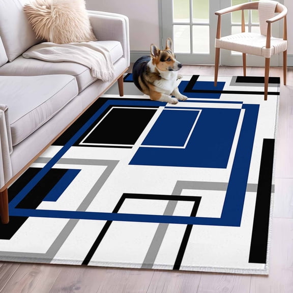 Blue Black Geometric Area Rug 3x5 Washable Rug Non Slip Modern Minimalist Abstract Stripes Large Area Rug Indoor Floor Carpet for Entryway Bedroom Kitchen Living Room Home Office Dining Room Nursery