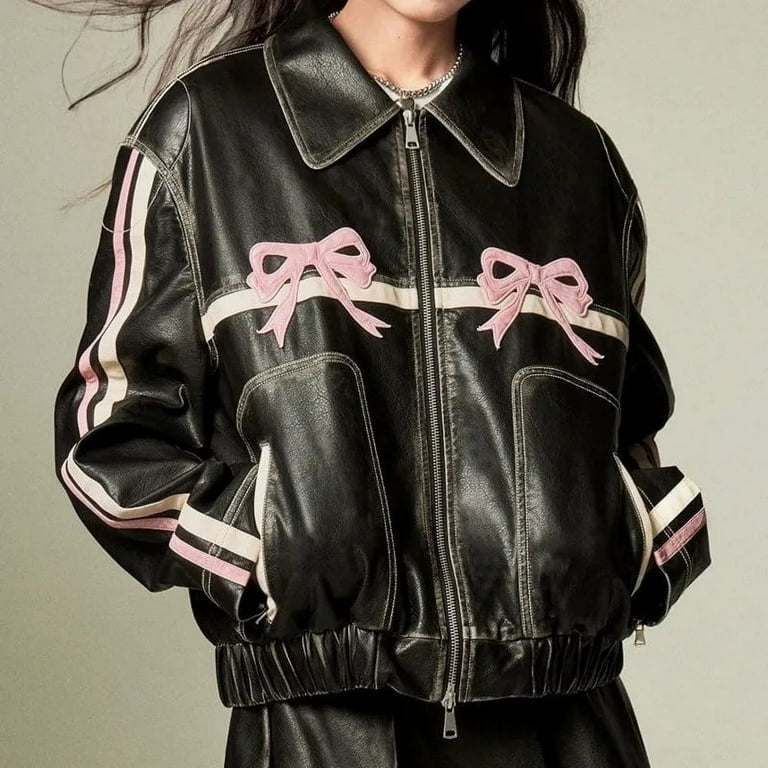 Bow Y2k Motorcycle PU Leather Jacket Female Autumn Fashion Bow Y2k Motorcycle PU Leather Jacket Female Autumn Fashion