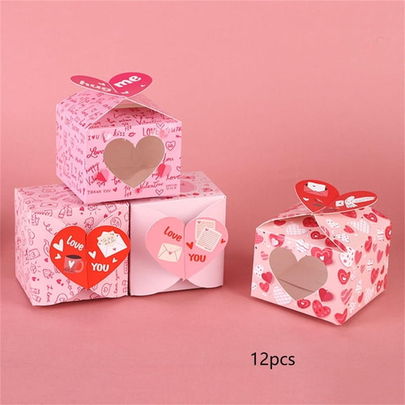 12Pcs Love Heart Open Window Gift Box, Chocolate Square Wedding Candy Favor Packaging Box for Valentine's Day Party Decoration, Treat Bags with Heart Cutout