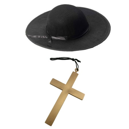 Priest Monk Cross Black Padre Hat Gold Rosary Crucifix Necklace Costume Kit Set