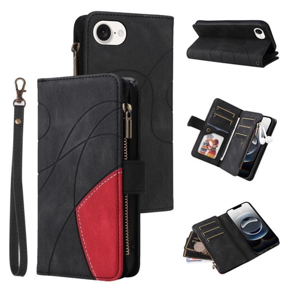 YEYKX for iPhone 17e / 16e Wallet Phone Case with 9 Card Holder Zipper Pocket, Magnetic Closure Premium Folio PU Leather Flip Case with Wrist Strap for iPhone 17e / 16e 6.1",Black