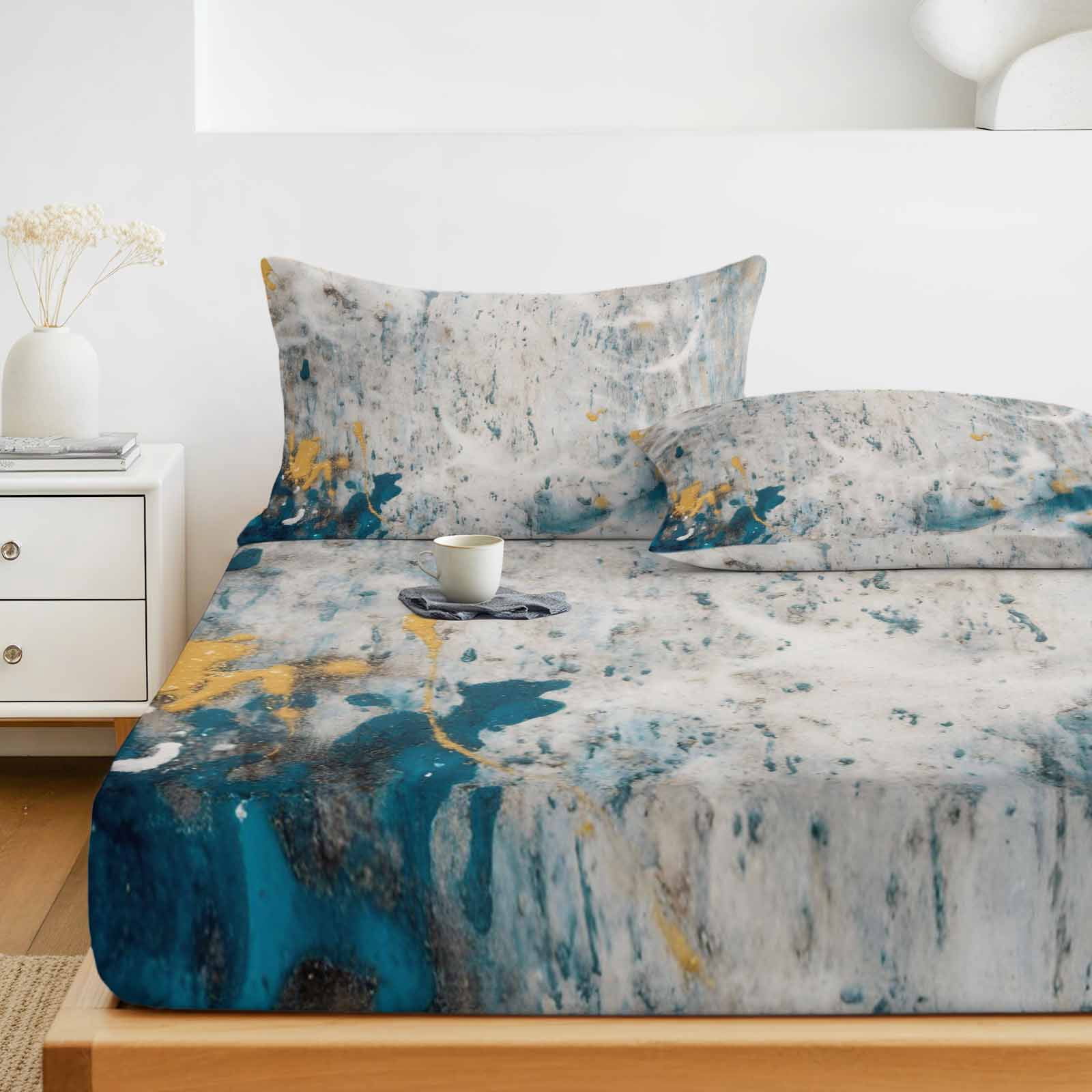 Twin Sze Fitted Sheet Set - Gray Teal 2 Piece Bedding Sets 16" Deep Pocket Fitted Sheet with 1 Pillowcase, Modern Abstract Art Retro Flow Marble Brushed Microfiber Hotel Luxury Bed Sheets