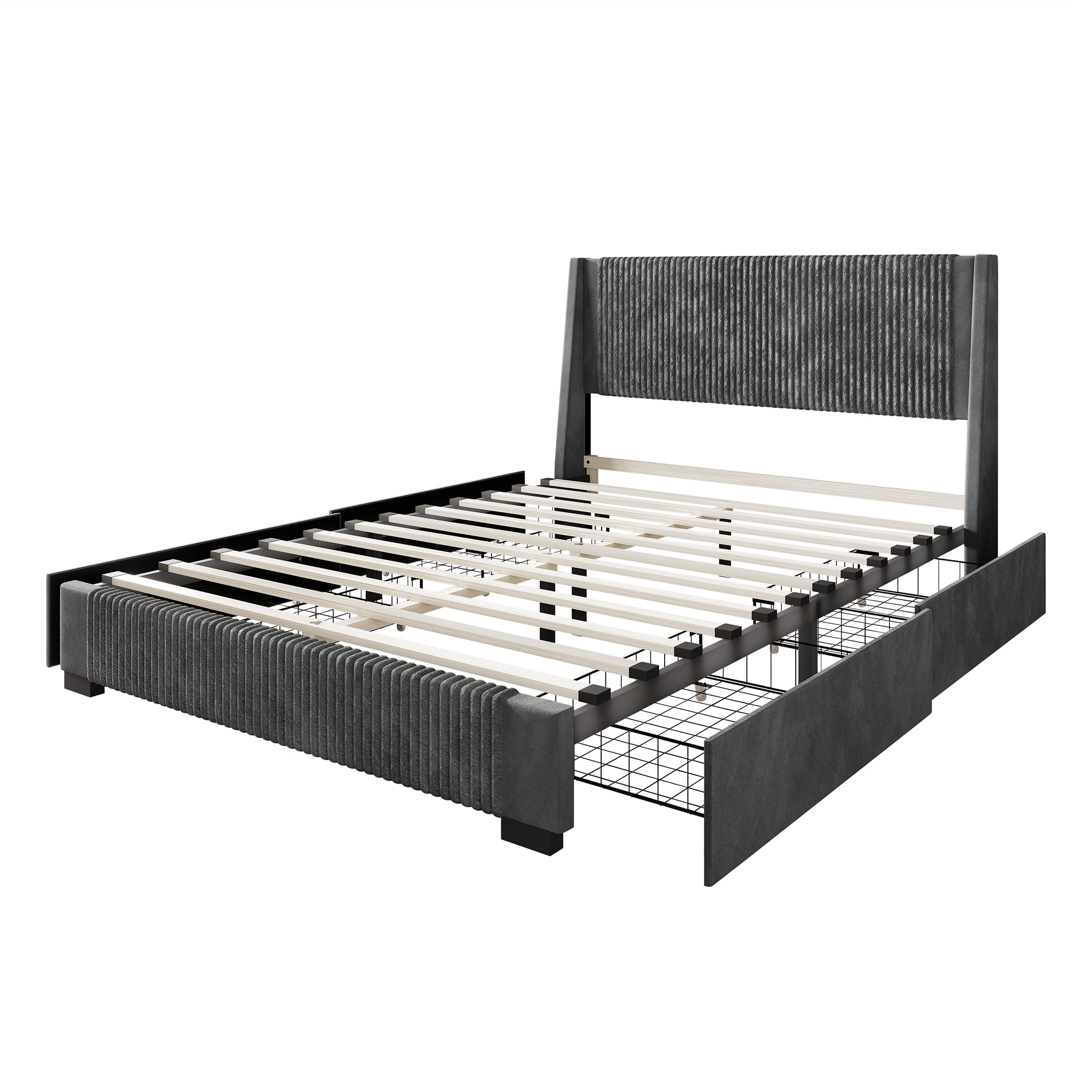Castle Place Corduroy Velvet King Platform Bed With Storage, Grey