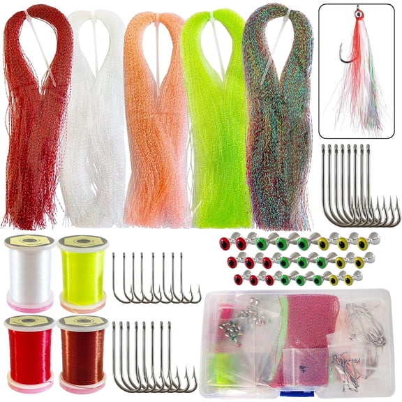58pcs Fly Tying Materials Set | Complete Clouser Minnow Flies Fly Tying Kit with Hooks,Dumbbell Eyes and Flash Line to Tie Own Bass,Trout