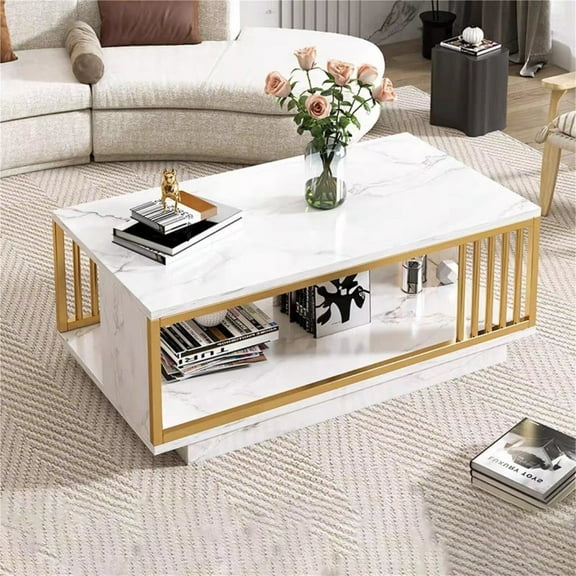 White GOLD Coffee Table High Gloss Marble Veneer Rectangle Living Room Modern