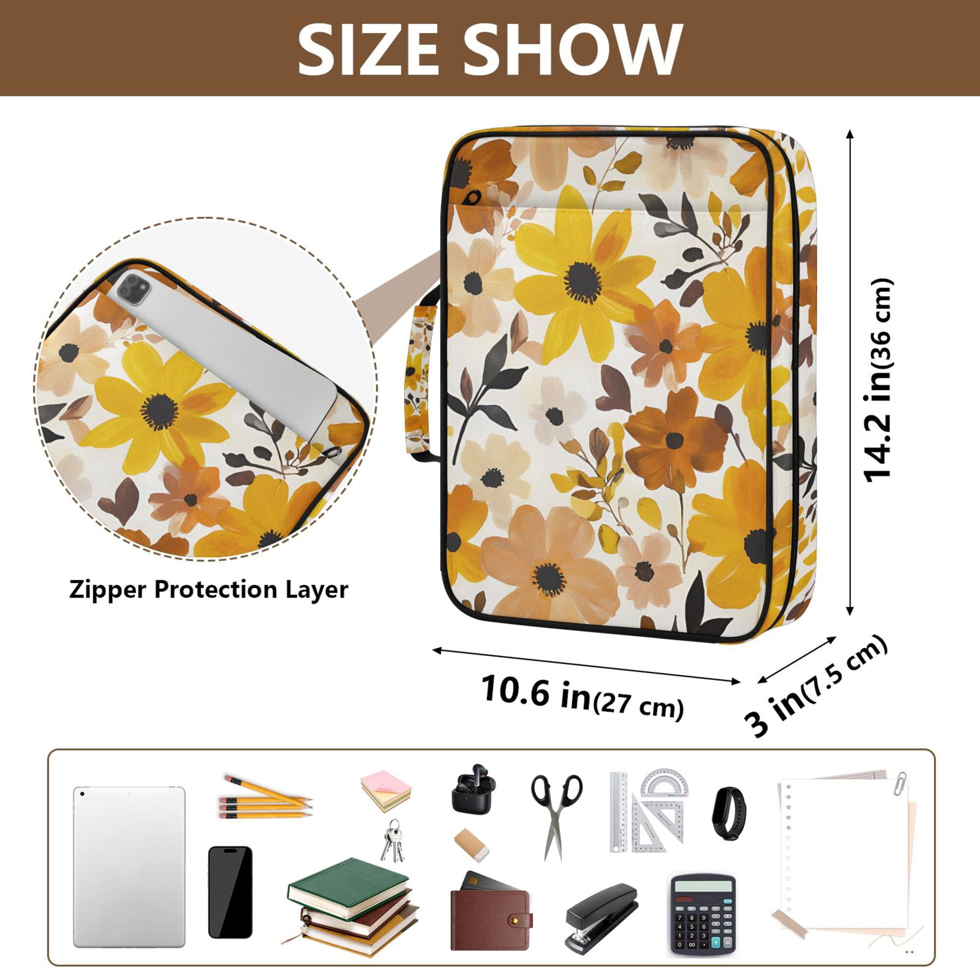 FORMRS Accordion File Folder A4 Size 7-Pocket Expanding Document Organizer Bag with 3 Ring Binder, Yellow Flowers