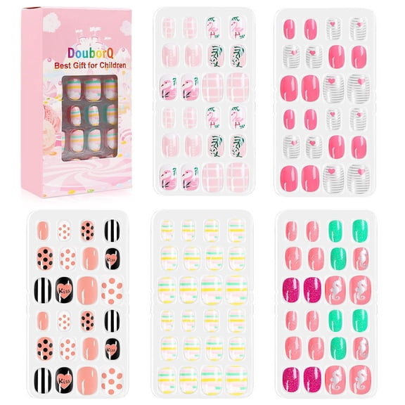 Fofosbeauty 120 Pcs Children Press on Nails Kits Kids Girls False Nails, Short Artificial Fake Nails Cute Pre Glue Full Cover Tip Kit for Children Little Girls#1